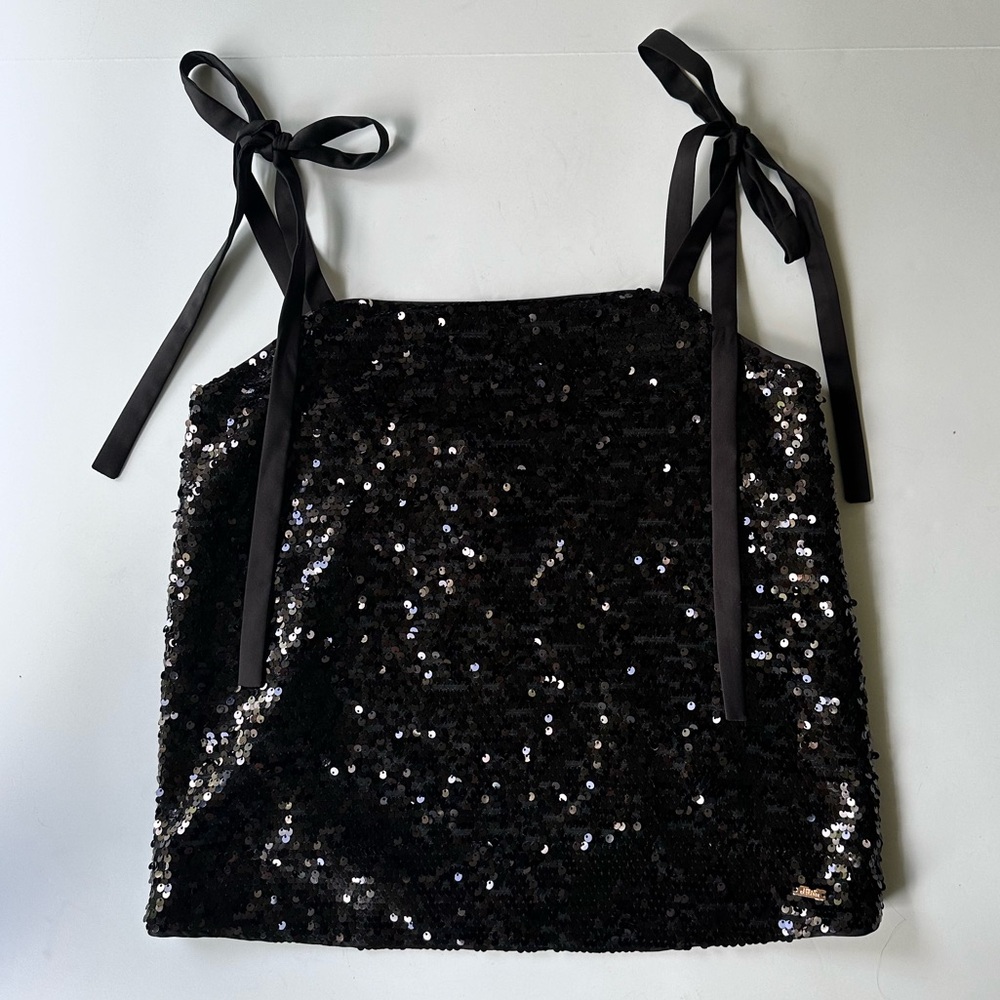 NWT Armani Exchange Black Sequin Tank with Satin Bow Tie Straps Size S